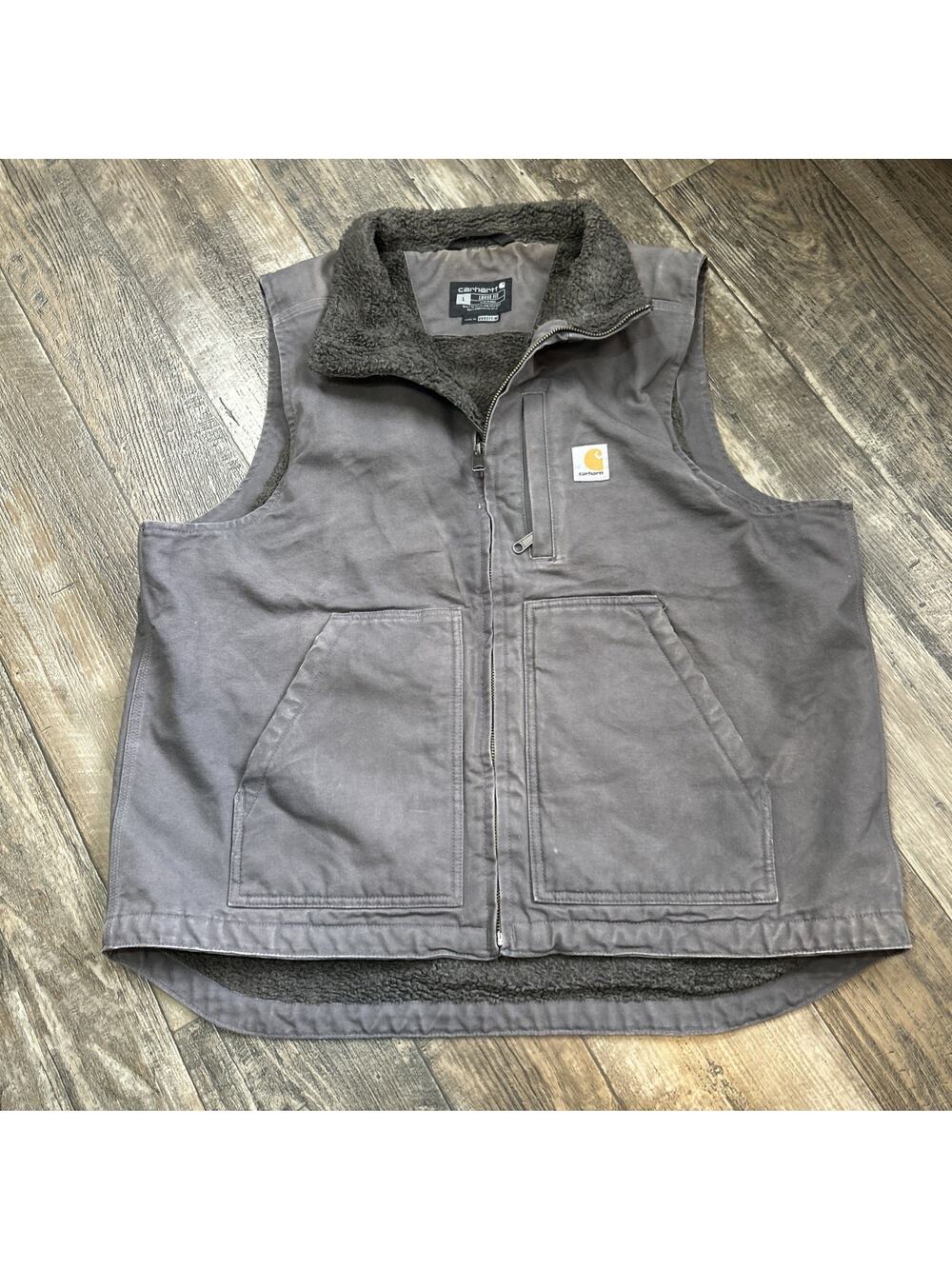 Carhartt Sherpa Lined Vest Mens L Duck Canvas V33 GVL Gray Mock Neck Full Zip